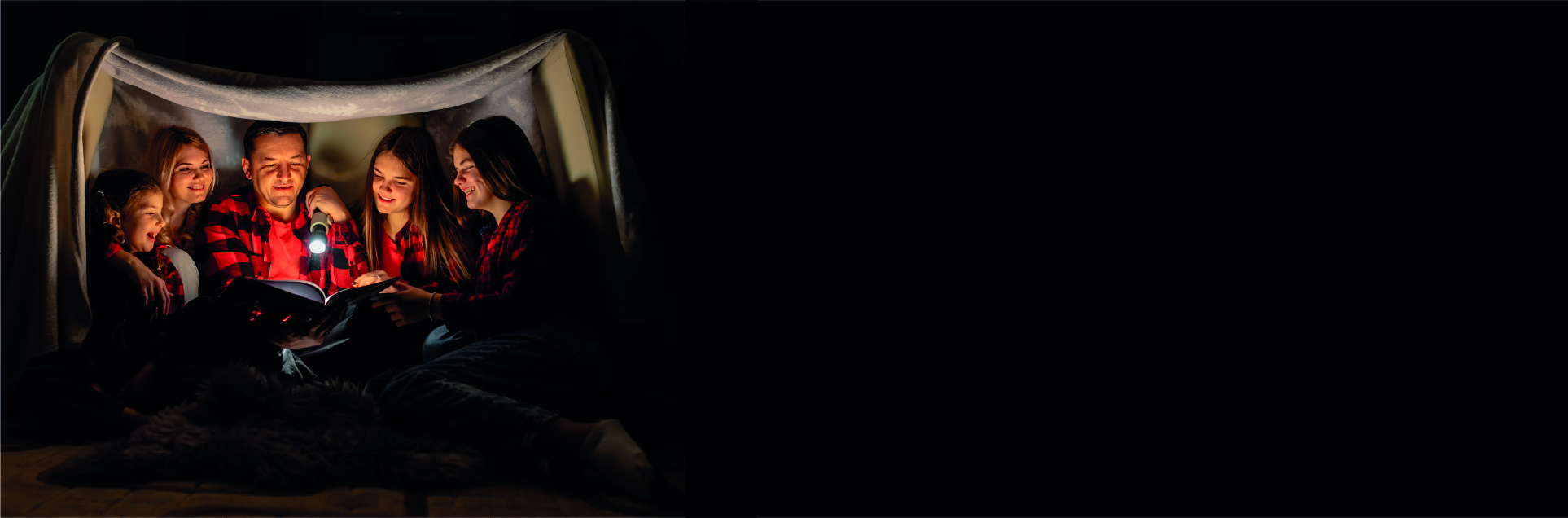 Familie unter der Decke ließt im Dunkeln bei Taschenlampenlicht ein Buch