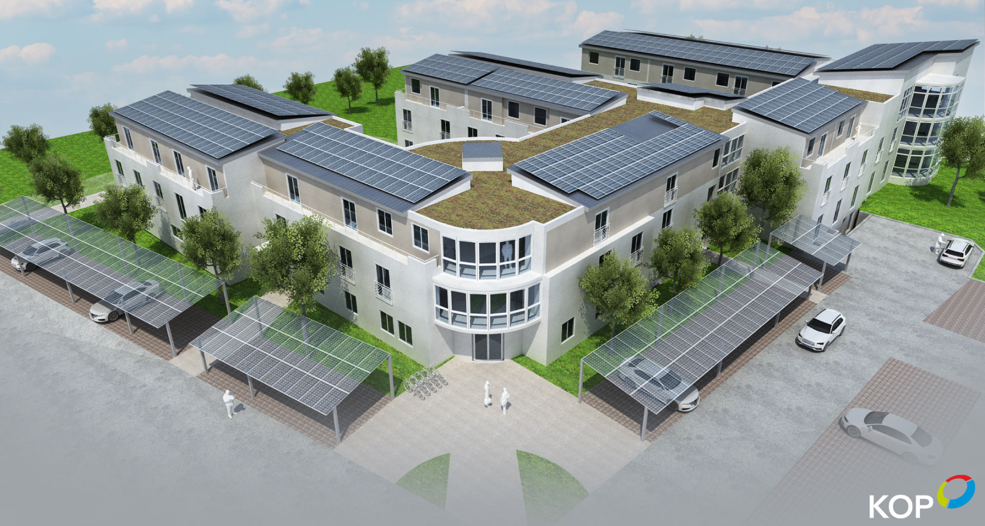 3D Illustration von Wohnkomplex mit Solardächern, begrünten Flächen und überdachten Parkplätzen