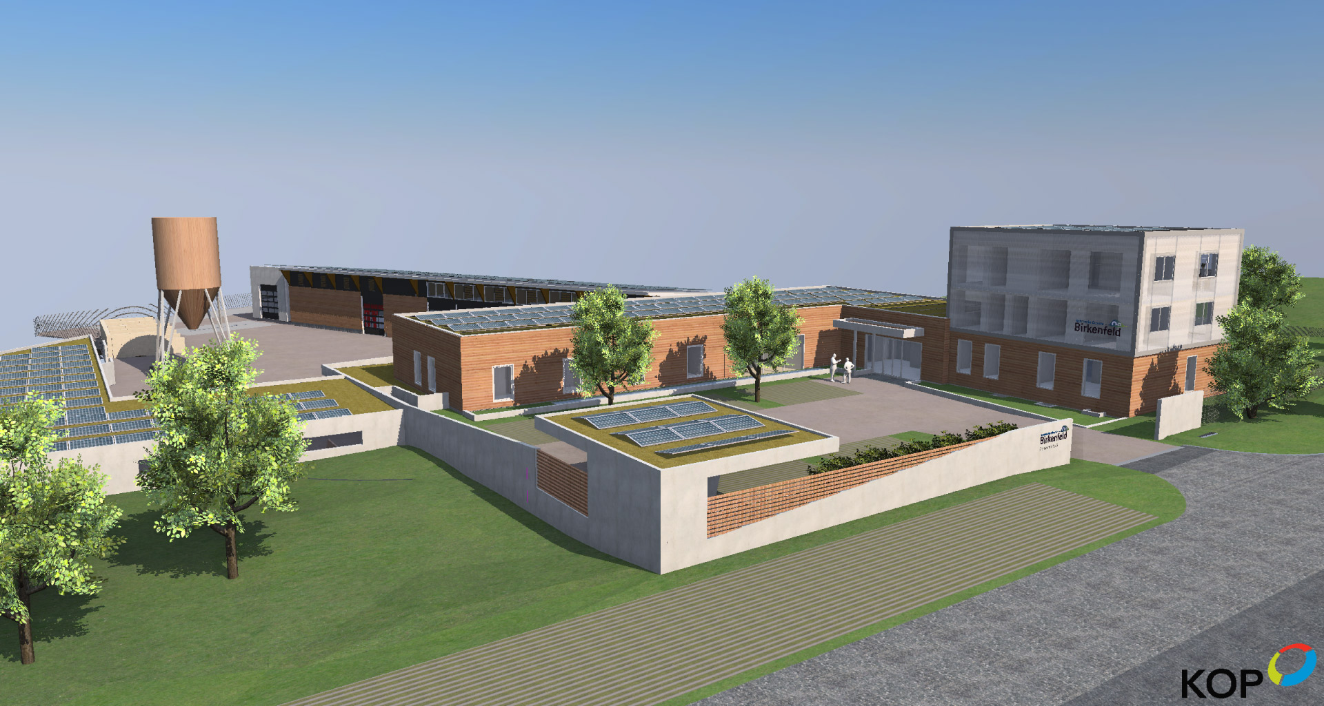 3D Illustration von Wohnkomplex mit Solardächern, begrünten Flächen und überdachten Parkplätzen